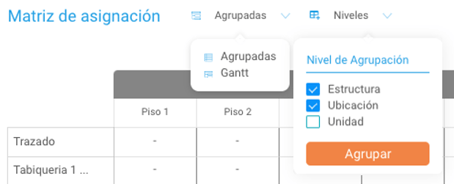 Opciones vista matriz asignación